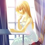  blonde_hair chair curtains dress hime_cut letter long_hair makinommm red_eyes sitting solo sundress table umineko_no_naku_koro_ni ushiromiya_rosa window 