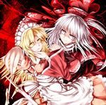  blonde_hair foreshortening from_above hair_bobbles hair_ornament hand_on_another's_cheek hand_on_another's_face holding_hands kazetto knife light_particles light_smile long_hair looking_at_viewer maid multiple_girls shinki side_ponytail silver_hair touhou touhou_(pc-98) yellow_eyes yumeko 