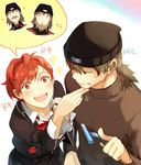  1girl aragaki_shinjirou beanie beard blush bow brown_hair couple facial_hair female_protagonist_(persona_3) hair_ornament hairpin hat headphones hetero mustache open_mouth persona persona_3 persona_3_portable razor red_eyes runia school_uniform smile stubble sweatdrop translated turtleneck 