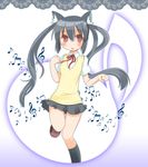  animal_ears asaba_hiromu beamed_eighth_notes beamed_sixteenth_notes black_hair black_legwear black_skirt blush brown_eyes cat_ears eighth_note hair_between_eyes half_note k-on! leg_up long_hair looking_at_viewer musical_note nakano_azusa neck_ribbon pleated_skirt red_ribbon ribbon school_uniform short_sleeves sixteenth_note skirt solo sweater_vest treble_clef twintails 