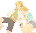  1girl bad_id bad_pixiv_id barefoot blonde_hair bow brother_and_sister closed_eyes earphones hair_bow hair_ornament hairclip kagamine_len kagamine_rin short_hair siblings simple_background sleeping twins utako vocaloid 