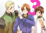  axis_powers_hetalia azuki_(hoshiboshi) bad_id bad_pixiv_id blonde_hair blue_eyes brown_hair germany_(hetalia) gloves japan_(hetalia) male_focus multiple_boys northern_italy_(hetalia) one_eye_closed uniform v 