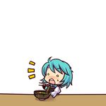  1girl blue_hair bowl chibi chopsticks eating egg food noodles o_o simple_background soba socha solo surprised tatara_kogasa touhou 