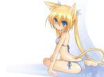  animal_ears arm_support barefoot beigu bikini blonde_hair blue_eyes cat_ears cat_tail long_hair original solo striped striped_bikini swimsuit tail 