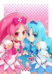  blue_eyes blue_hair blue_skirt blush bow cheek-to-cheek choker cure_blossom cure_marine face grin hanasaki_tsubomi heartcatch_precure! heebee kurumi_erika long_hair magical_girl multiple_girls petals pink_bow pink_choker pink_eyes pink_hair precure skirt smile 