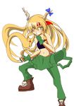  alex_(street_fighter) alex_(street_fighter)_(cosplay) bad_id bad_pixiv_id boots bow cosplay fingerless_gloves gloves grin hati105 headband horns ibuki_suika long_hair m.u.g.e.n overalls smile solo street_fighter street_fighter_iii_(series) touhou very_long_hair yellow_eyes 