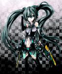  bridal_gauntlets checkered checkered_background green_eyes green_hair hatsune_miku hatsune_miku_(append) highres long_hair navel necktie solo thighhighs twintails very_long_hair vocaloid vocaloid_append yato 