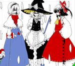  alice_margatroid capelet dress hakurei_reimu hat kintaro kirisame_marisa lowres multiple_girls partially_colored red_skirt shaded_face skirt touhou witch_hat 