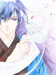  agahari blue_eyes blue_hair hakuouki_shinsengumi_kitan headband male_focus saitou_hajime_(hakuouki) solo traditional_media upper_body 