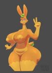 anthro areola big_breasts big_butt breasts butt female gesture gravvure hand_gesture hi_res lagomorph leporid long_neck looking_at_viewer mammal peach_(gravvure) puffy_areola rabbit smile smiling_at_viewer solo v_sign wide_hips