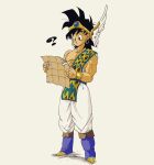  1boy ? abel_(dq) black_eyes black_hair blue_footwear boots bracelet commentary_request dragon_quest dragon_quest_yuusha_abel_densetsu earrings full_body gold_bracelet gold_earrings holding holding_map holding_paper hoop_earrings jewelry looking_down male_focus map medium_hair muscular muscular_male pants paper reading solo spiked_hair sweatdrop tcgf_04 toriyama_akira_(style) white_background white_pants winged_headwear 