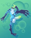 3_fingers 3_toes amphibian anthro athletic athletic_anthro athletic_male balls blue_body bubble butt digital_drawing_(artwork) digital_media_(artwork) erection feet fingers frog genitals hi_res humanoid_genitalia humanoid_penis looking_at_viewer male markings nude penis poison_dart_frog ranno redeyedgazer rivals_of_aether solo spots teeth toes