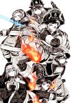  2019 1441214 2girls arthur_boyle barefoot black_hair blue_eyes closed_mouth en&#039;en_no_shouboutai finger_frame fire firefighter firefighter_jacket hat high_kick highres holding holding_sword holding_weapon hood iris_(en&#039;en_no_shouboutai) jacket kicking lisa_isaribi maki_oze multiple_boys multiple_girls nun orange_eyes pink_eyes praying purple_eyes pyrokinesis sharp_teeth shinra_kusakabe smile sword teeth weapon witch_hat 