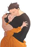  2boys age_difference akitaru_oubi bara black_hair black_shirt closed_eyes commentary_request cowboy_shot en'en_no_shouboutai grin hand_on_another's_head hands_on_another's_back highres hug jumpsuit jumpsuit_around_waist male_focus multiple_boys mzkenen onii-shota orange_jumpsuit shinra_kusakabe shirt short_hair signature simple_background smile teeth undercut white_background yaoi 