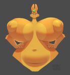 anthro areola big_breasts breasts female gravvure hands_on_hips hi_res lagomorph leporid long_neck looking_at_viewer looking_down looking_down_at_viewer mammal peach_(gravvure) perspective perspective_shot puffy_areola rabbit smile smiling_at_viewer solo
