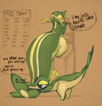 big_tail dialogue duo generation_5_pokemon growth kneeling leaning leaning_forward male measuring miii_cho nintendo pokemon pokemon_(species) raised_tail sitting snivy tail tailbutt tape_measure