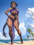  1girl abs absurdres artist_name au_ra beach bikini blue_bikini bracelet breasts brown_hair closed_mouth commission dark-skinned_female dark_skin dragon_horns dragon_tail final_fantasy final_fantasy_xiv full_body hand_on_own_hip highres horns jewelry large_breasts lips looking_at_viewer muscular muscular_female ocean palm_tree pelvic_curtain red_eyes sandals scales seventeencrows shadow short_hair smile solo swimsuit tail tree warrior_of_light_(ff14) 