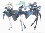 3girls bad_link bare_shoulders black_coat black_hair black_pantyhose black_skirt coat colorful_palette crypton_future_media green_eyes green_hair grey_eyes grey_hair hair_ornament hairclip high_heels highres multiple_girls orange_eyes pantyhose piapro skirt twintails 