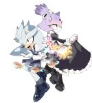  1boy 1girl animal_ears apron black_apron black_dress black_footwear blaze_the_cat blaze_the_cat_(maid) cat_ears cat_girl cat_tail cookiecream_00 cup dress fire forehead_jewel full_body furry furry_female furry_male gloves grey_fur grey_hair highres looking_to_the_side maid official_alternate_costume open_mouth pants purple_fur shirt silver_the_hedgehog smile sonic_(series) sonic_speed_simulator tail teacup teapot waiter white_apron white_gloves white_pants white_shirt yellow_eyes 