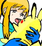  bestiality blonde_hair blush furry interspecies kiss metroid nintendo pikachu pokemon pokephilia samus_aran super_smash_bros. 