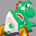  all_fours ambiguous_gender egg green_body kneeling looking_back mario_bros nintendo oviposition raised_tail shadow shoes solo spikes spread_legs spreading super_mario_bros. sweat unknown_artist video_games white_belly yoshi 