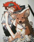  1girl androgynous barefoot bike_shorts blush_stickers board_game chess chess_piece child collar cowboy_bebop cre.o.n dog edward_wong_hau_pepelu_tivrusky_iv ein_(cowboy_bebop) happy highres messy_hair open_mouth orange_hair photo_(medium) red_collar teeth traditional_media upper_teeth_only welsh_corgi 