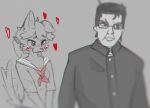 accessory angry anthro black_hair blush bow_ribbon canid canine canis chud chudjak clothing collared_shirt digital_media_(artwork) domestic_dog duo ears_down eyebrow_through_hair eyebrows eyewear female glasses grey_background grey_eyes greyscale hair hair_accessory hair_bow hair_ribbon hearts_around_head human human_on_anthro humor interspecies lil_sorrow male male/female mammal meme monochrome navy_uniform pivoted_ears ponytail ribbons school_uniform simple_background soyjak tail tail_motion tailwag translucent translucent_hair uniform