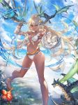  1girl :d ahoge armpits bare_shoulders beach bikini blue_sky breasts cleavage cloud collarbone commentary_request dark_skin day dragon granblue_fantasy highres jacket long_hair navel niii ocean one_eye_closed open_mouth red_eyes sandals shadowverse sky small_breasts smile solo sun sunlight swimsuit very_long_hair water white_bikini white_hair white_jacket zooey_(granblue_fantasy) 