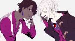  2boys alternate_costume alternate_hairstyle arjuna_(fate/grand_order) bangs black_eyes blue_eyes border brown_hair cigarette dark_skin dark_skinned_male earrings eyeshadow fate/grand_order fate_(series) grey_background hand_to_own_mouth highres hood hoodie hukahire0313 jacket jewelry karna_(fate) makeup male_focus multiple_boys open_mouth pale_color shirt simple_background smoke swept_bangs upper_body vest white_background white_hair 