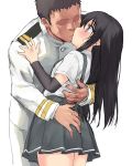  1boy 1girl admiral_(kantai_collection) arm_warmers asashio_(kantai_collection) ass_grab bangs black_hair blue_eyes blush eyebrows_visible_through_hair faceless faceless_male fanbox_reward french_kiss funitarefu grey_skirt highres hug kantai_collection kiss long_hair looking_at_viewer military military_uniform naval_uniform paid_reward shirt short_sleeves simple_background skirt surprise_kiss surprised suspender_skirt suspenders tongue tongue_out uniform white_background white_shirt wide-eyed 