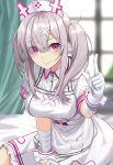  1girl absurdres bandages bangs blunt_bangs blurry blurry_background blush breasts commentary_request day eyebrows_visible_through_hair eyes_visible_through_hair gloves grey_hair hair_between_eyes hair_ornament hairclip highres indoors large_breasts long_hair looking_at_viewer nijisanji nurse on_bed purple_eyes short_sleeves sitting smile solo suiroh_(shideoukami) sukoya_kana twintails window wrist_cuffs 