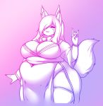  2020 absurd_res anthro bell bell_collar big_breasts bow_tie breasts cakecatboy canid canine cleavage clothed clothing collar curvy_figure deep_navel devil_horns_(gesture) dress facial_markings female fox gesture gradient_background hair half-closed_eyes head_markings hi_res huge_breasts inner_ear_fluff legwear long_hair mammal markings narrowed_eyes navel neck_tuft obese obese_female one_eye_obstructed overweight overweight_female portrait restricted_palette simple_background slit_dress smile solo thick_thighs thigh_highs three-quarter_portrait tuft voluptuous wide_hips 