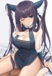  1girl bangs bare_shoulders black_hair blue_eyes blunt_bangs breasts cleavage collarbone covered_navel detached_sleeves eyebrows_visible_through_hair eyes_visible_through_hair fate/grand_order fate_(series) grey_background highres large_breasts long_hair looking_at_viewer on_bed one_eye_closed simple_background sitting smile solo suiroh_(shideoukami) twintails yang_guifei_(fate/grand_order) 