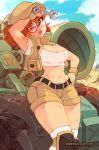  1girl absurdres arm_up baseball_cap belt black-framed_eyewear blush breasts brown_eyes brown_hair cleavage day dirty fio_germi glasses ground_vehicle hand_on_hip hat highres knee_pads long_hair looking_at_viewer mechanic metal_slug midriff military military_vehicle motor_vehicle navel one_eye_closed open_clothes open_vest over-kneehighs round_eyewear rtil short_ponytail shorts slender_waist solo sweat tank tank_top thighhighs vest war white_legwear wrench wristband 