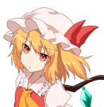  1girl :o bangs blonde_hair commentary_request cravat eyebrows_visible_through_hair flandre_scarlet frilled_shirt_collar frills hat hat_ribbon looking_at_viewer mob_cap one_side_up puffy_short_sleeves puffy_sleeves red_eyes red_vest ribbon shirt short_hair short_sleeves simple_background solo standing sugiyama_ichirou touhou upper_body vest white_background white_headwear white_shirt wings yellow_neckwear 