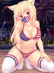  1girl american_flag_bikini animal_ear_fluff animal_ears bangs beach bikini blonde_hair breasts cat_ears english_commentary eyebrows_visible_through_hair fireworks flag_print highres kneeling large_breasts long_hair looking_at_viewer mask mouth_mask navel night nottytiffy original patreon_username red_eyes slit_pupils solo swimsuit thighhighs tiffy_(nottytiffy) watermark web_address white_legwear 