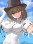  1girl blue_eyes braid breasts brown_hair charlotte_corday_(fate/grand_order) cloud day eyebrows_visible_through_hair eyes_visible_through_hair fate/grand_order fate_(series) flower hair_between_eyes hat highres long_sleeves looking_at_viewer medium_breasts medium_hair one_eye_closed outdoors rose sky smile solo standing suiroh_(shideoukami) upper_body 