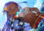  aqua_eyes ball blue_hair choker close clouds cropped dahl_lange dark_skin gloves long_hair navel pokemon rurina_(pokemon) sky water watermark 