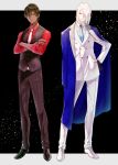  2boys arjuna_(fate/grand_order) bangs black_eyes blue_jacket bodysuit brown_hair couple crossed_arms dark_skin dark_skinned_male expressionless eyeshadow fate/grand_order fate_(series) full_body hair_between_eyes hair_over_one_eye hand_on_hip highres hukahire0313 jacket jacket_on_shoulders karna_(fate) looking_at_viewer looking_to_the_side makeup male_focus multiple_boys necktie pale_skin pants red_eyes shoes simple_background starry_background white_pants 