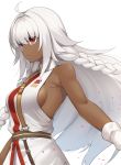  1girl ahoge backless_outfit bare_shoulders belt belt_buckle braid breasts buckle cleavage dark_skin eyebrows_visible_through_hair eyes_visible_through_hair fate/grand_order fate_(series) hair_between_eyes highres lakshmibai_(fate/grand_order) long_hair medium_breasts red_eyes sideboob simple_background sleeveless solo standing suiroh_(shideoukami) upper_body white_background white_hair 