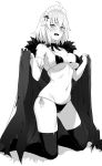  1girl ahoge bangs bikini blush bow bow_bikini bowtie breasts cape collar commentary_request detached_collar embarrassed eyebrows_visible_through_hair fate/grand_order fate_(series) frilled_armband frilled_collar frills frown full_body fur-trimmed_cape fur_trim greyscale groin highres jeanne_d&#039;arc_(alter)_(fate) jeanne_d&#039;arc_(fate)_(all) kneeling large_breasts looking_at_viewer maid_headdress monochrome navel open_mouth prime shadow short_hair side-tie_bikini skindentation solo string_bikini swimsuit thighhighs 