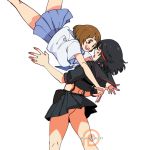  2girls bangs black_hair black_sailor_collar black_shirt black_skirt blue_neckwear blue_sailor_collar blue_skirt blush bob_cut breasts brown_eyes brown_hair feet_out_of_frame kill_la_kill kukumomo mankanshoku_mako matoi_ryuuko midriff multicolored_hair multiple_girls neckerchief open_mouth pleated_skirt profile red_hair sailor_collar school_uniform serafuku shirt short_hair simple_background skirt smile streaked_hair suspender_skirt suspenders uniform white_background white_shirt 