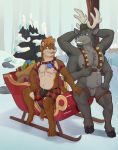  anthro antlers bottomwear bulge capreoline cervid clothing duo facial_hair forest gebji harness hi_res hooves horn lutrine male mammal multi_arm multi_limb mustelid piercing reindeer shorts sleigh snow tree winter 