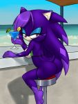  2020 anthro beverage bikini breasts butt clothed clothing eulipotyphlan eyelashes fan_character female furball gloves_(marking) hedgehog hi_res holding_drink holding_object leg_markings looking_at_viewer mammal markings monotone_tail partially_clothed pink_eyes sitting socks_(marking) solo sonic_the_hedgehog_(series) swimwear 
