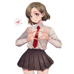  1girl black_skirt blush brown_hair closed_mouth collared_shirt eyebrows eyeshadow green_eyes heart heart_hands highres hongcasso long_sleeves looking_at_viewer makeup necktie original pleated_skirt red_eyeshadow red_neckwear shirt short_hair simple_background skirt smile solo speech_bubble spoken_heart thighhighs white_background white_legwear white_shirt 