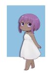  1girl bangs bare_arms bare_shoulders barefoot blue_background blush chibi closed_mouth dark_skin dress drop_shadow eyebrows_visible_through_hair fate/prototype fate/prototype:_fragments_of_blue_and_silver fate_(series) hair_between_eyes hassan_of_serenity_(fate) highres i.u.y looking_at_viewer purple_eyes purple_hair sidelocks sleeveless sleeveless_dress smile solo two-tone_background white_background white_dress 
