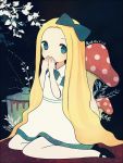  1girl alice_(wonderland) alice_in_wonderland apron ayu_(mog) black_footwear blonde_hair blue_apron blue_bow bow branch hair_bow hands_over_mouth hands_up long_hair looking_at_viewer mushroom pantyhose pot shoes signature sitting solo very_long_hair white_apron white_legwear 