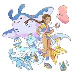  1girl alternate_costume avatar:_the_last_airbender avatar_(series) bikini blue_bikini braid braided_ponytail crossover dark_skin frillish frillish_(male) gen_1_pokemon gen_2_pokemon gen_3_pokemon gen_4_pokemon gen_5_pokemon hair_rings katara luvdisc mantine mojgon pokemon pokemon_(creature) prinplup smile staryu swimsuit vaporeon 