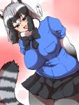  :d animal_humanoid arai-san armwear big_breasts black_hair blush bottomwear bow_tie breasts brown_eyes clothed clothing dipstick_tail elbow_gloves female gloves grey_hair hair handwear hi_res humanoid inner_ear_fluff isna japanese_text kemono_friends legwear mammal mammal_humanoid multicolored_hair multicolored_tail open_mouth procyonid procyonid_humanoid raccoon_humanoid shirt skirt smile solo striped_tail stripes text tights topwear translation_request tuft white_hair 