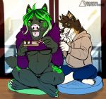  2020 4_toes 5_fingers anthro canid canine canis clothed clothing digital_media_(artwork) domestic_dog duo female fingers green_eyes hi_res mammal open_mouth senka-bekic smile teeth toes tongue wolf 